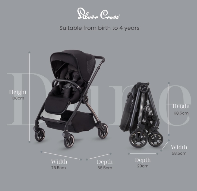 Silver Cross Dune with Compact Folding Carrycot and ashion Pack - Space Black.