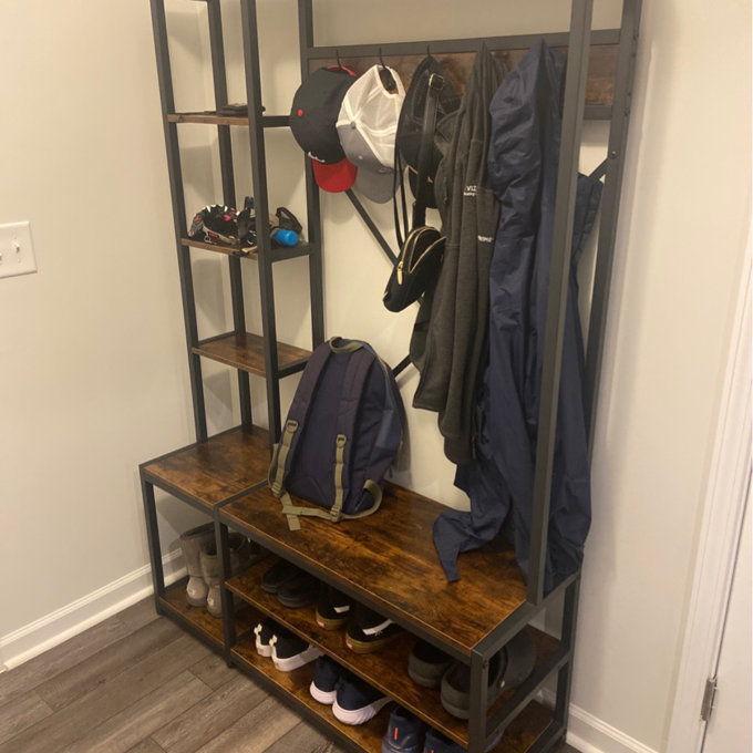 【Furniture】Emelyne 47.2'' Wide Iron Hall Tree with Bench and Shoe Storage