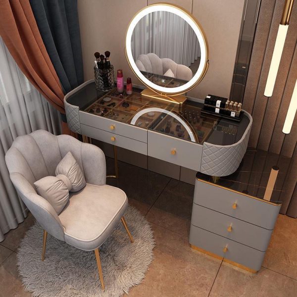 【Furniture】Bedroom Table Dresser Modern Glass Vanity Table with Storage Cabinet, Stool, Mirror