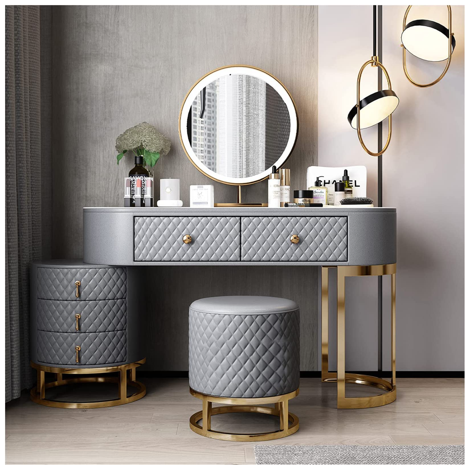 【Furniture】【BS】Dresser Table Vanity Makeup Table Set Makeup with 5 Drawers Dressing Table with Lighted Mirror