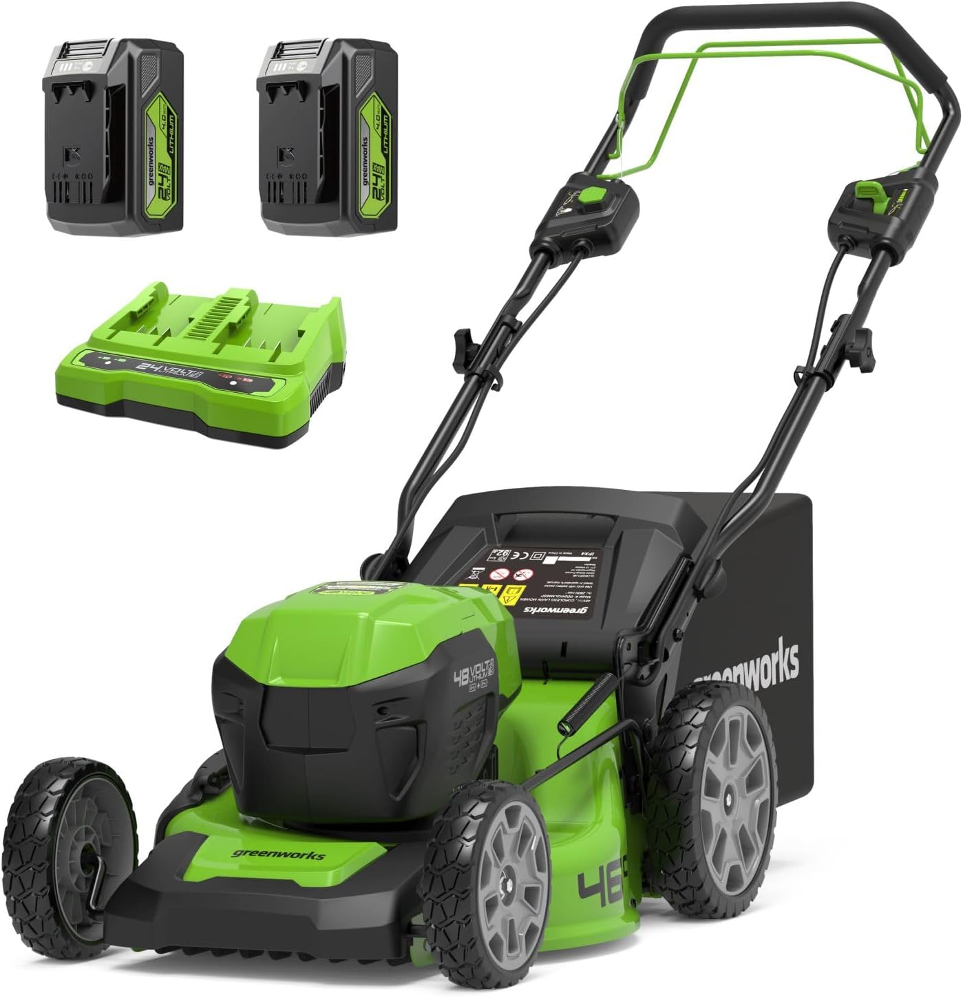 Greenworks 48V (2x24V) Self Propelled Cordless Lawnmower for Large Lawns up to 480m2, 46cm Cutting Width, 55LBag PLUS Two 4Ah Batteries and Twin Charger, 3 Year Guarantee
