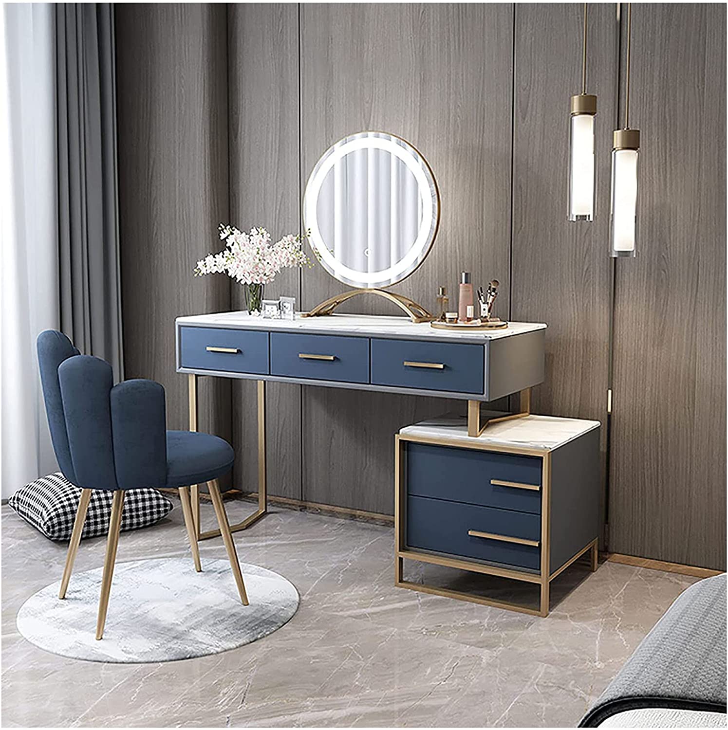 【Furniture】Italian Dressing Table with LED Mirror, Makeup Table with Marble Textured, Lockers & Makeup Chairs
