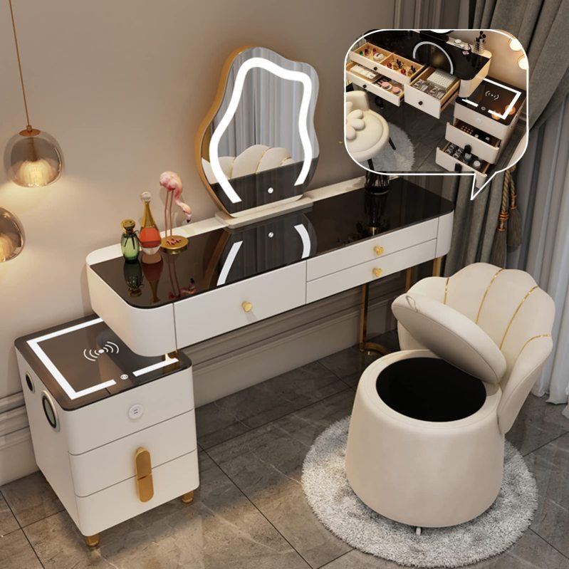 【Furniture】Dressing Table Makeup Dressing Table with Charging Stand and Bluetooth Speaker