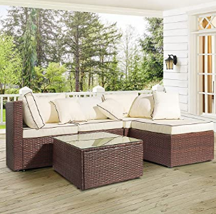 AWQM 5 Pieces Patio Furniture Sets All Weather Outdoor Sectional Sofa Manual Weaving Wicker Rattan Patio Conversation Set with Cushion and Glass Table, Brown