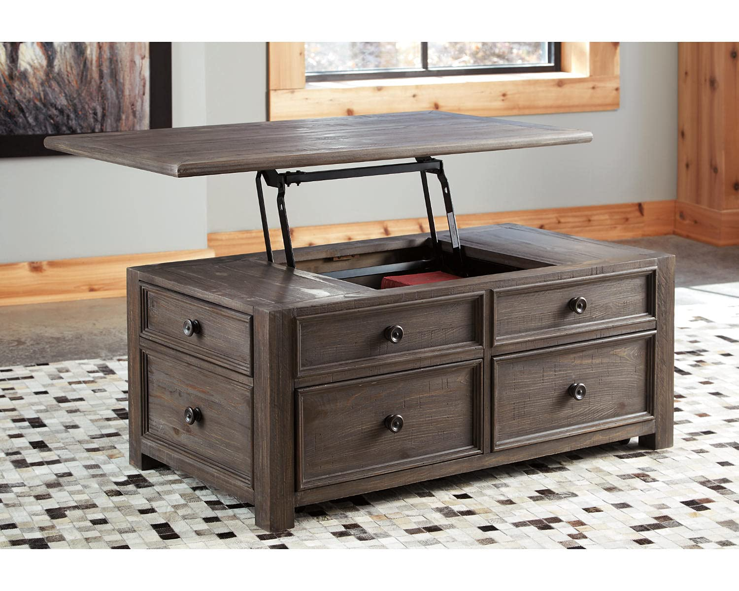 【Furniture】Rustic Rectangular Lift Top Coffee Table with 4 Storage Drawers, Dark Brown with Distressed Finish