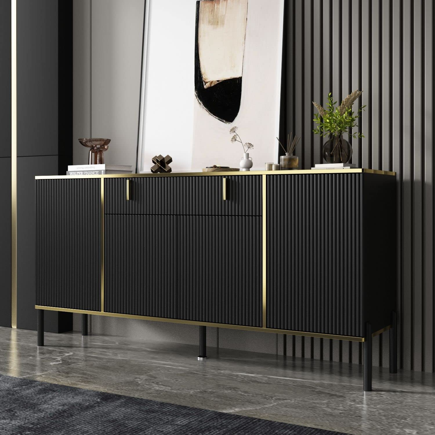 【Furniture】Modern Credenza Sideboard Buffet with Drawer & Pop-Up Doors, Buffet Sideboard Storage Cabinet
