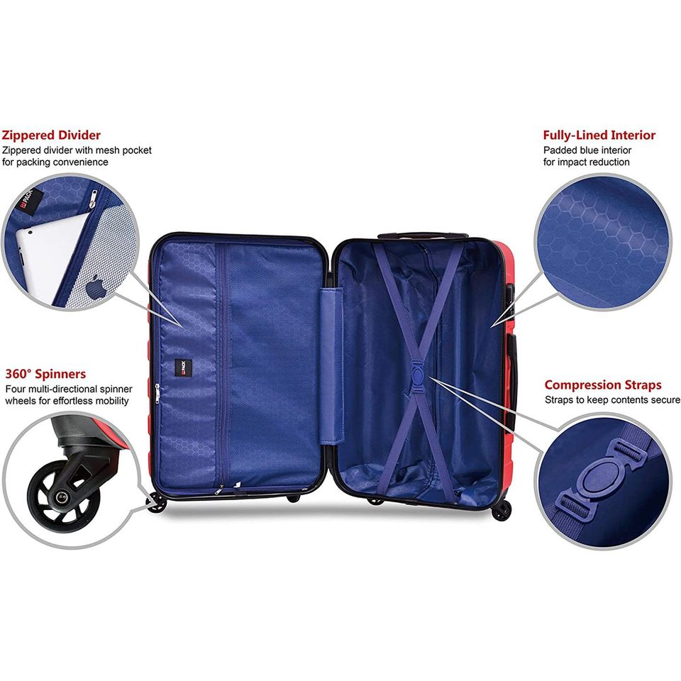 Hipack Prime Suitcases Hardside Luggage with Spinner Wheels, Red, 3-Piece Set (202428)