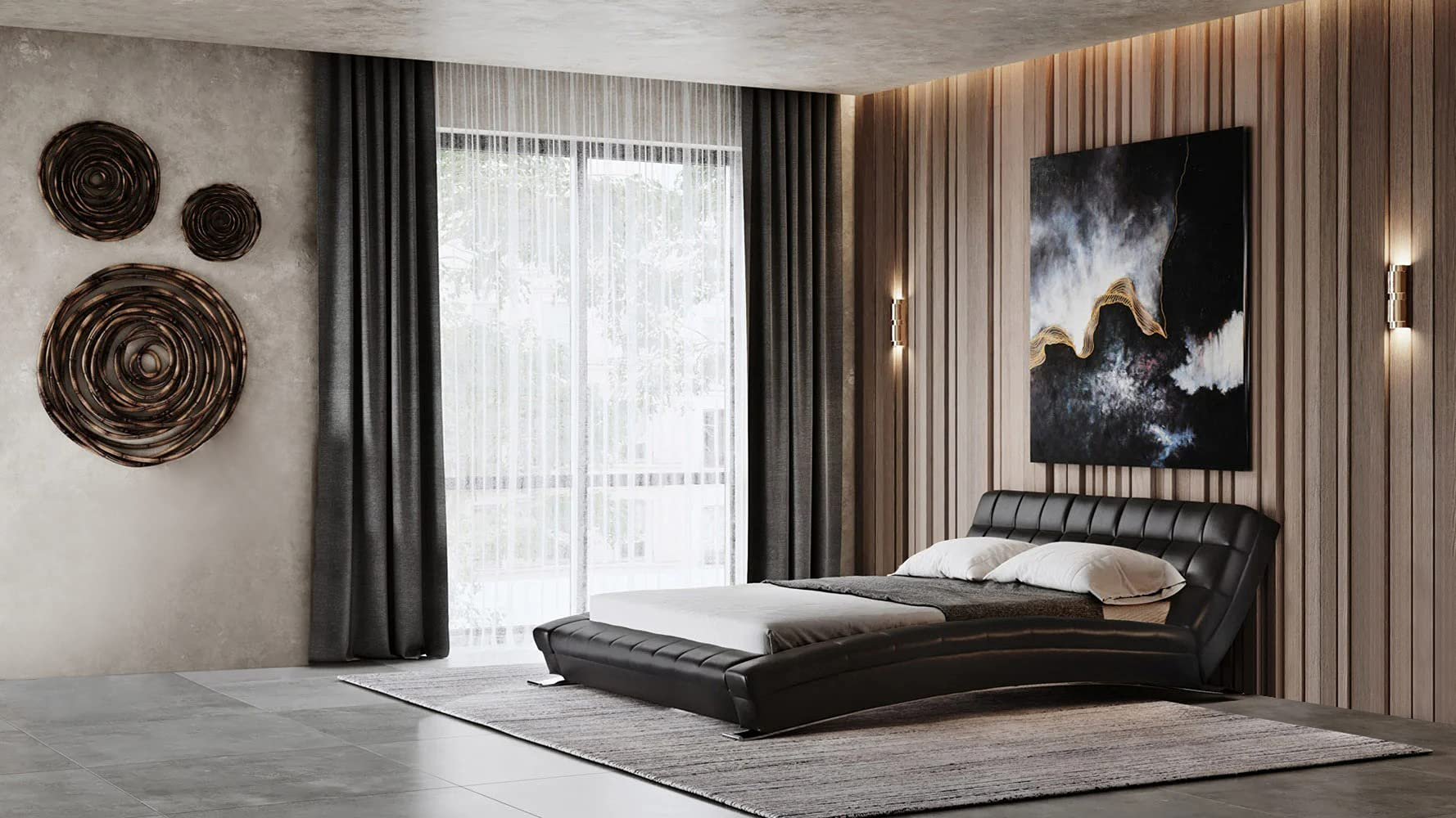 【Furniture】Modern Adonis Black Tufted Genuine Leather Platform Bed - King