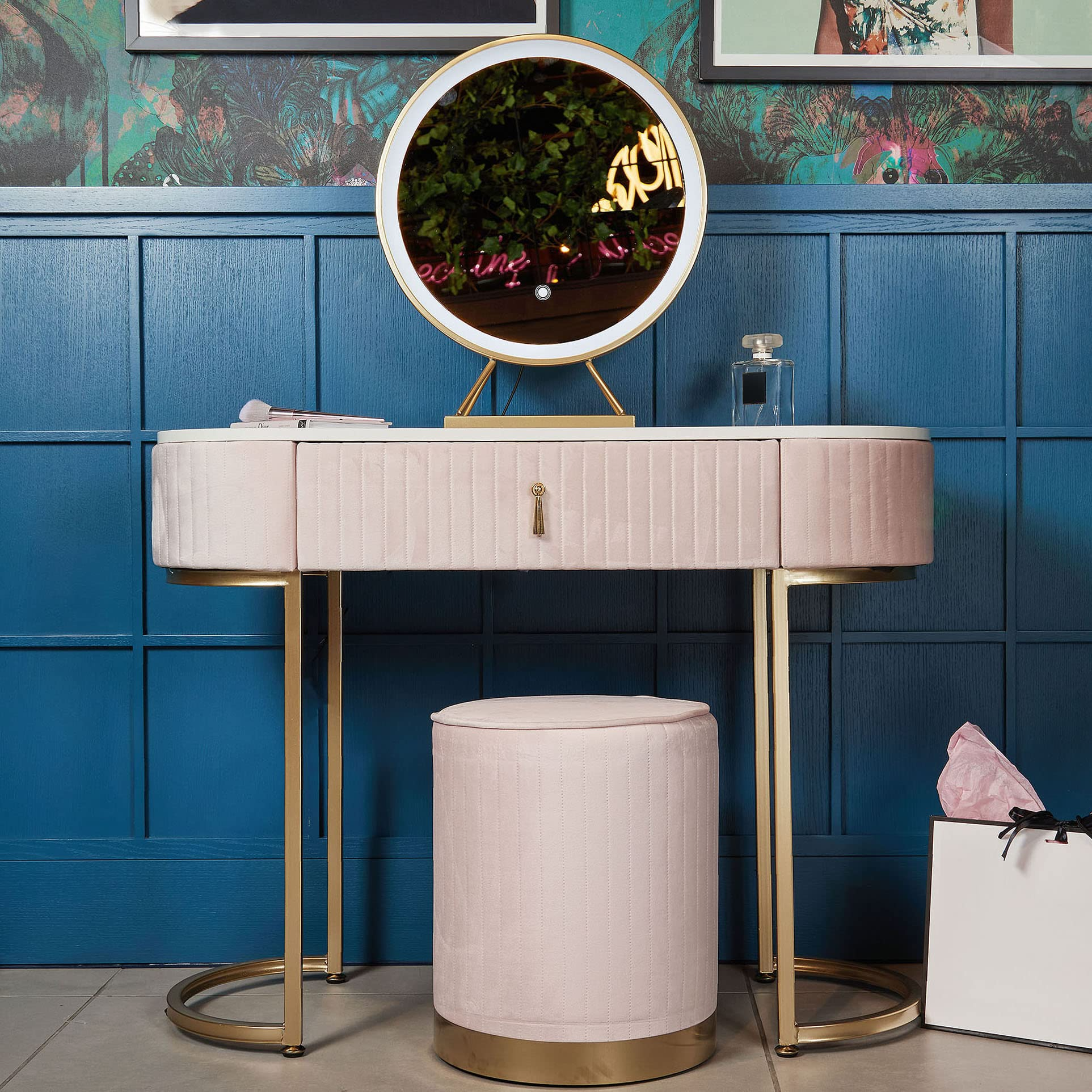 【Furniture】Velvet Dressing Table with LED Light Mirror Touch Sensor 1 Drawer Stool Set Bedroom Modern Dresser