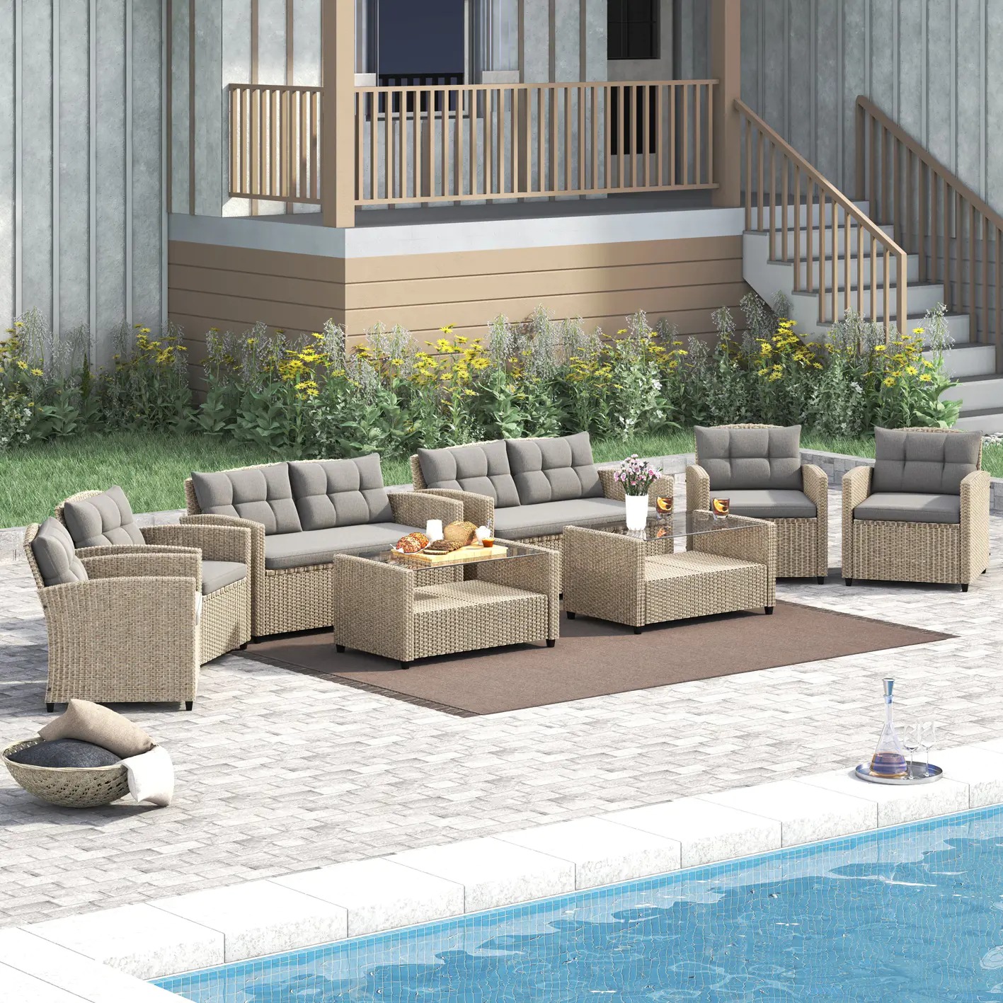 【Furniture】Corvus Armitage 8-piece Outdoor Wicker Sofa Set with Cushions - Light Grey