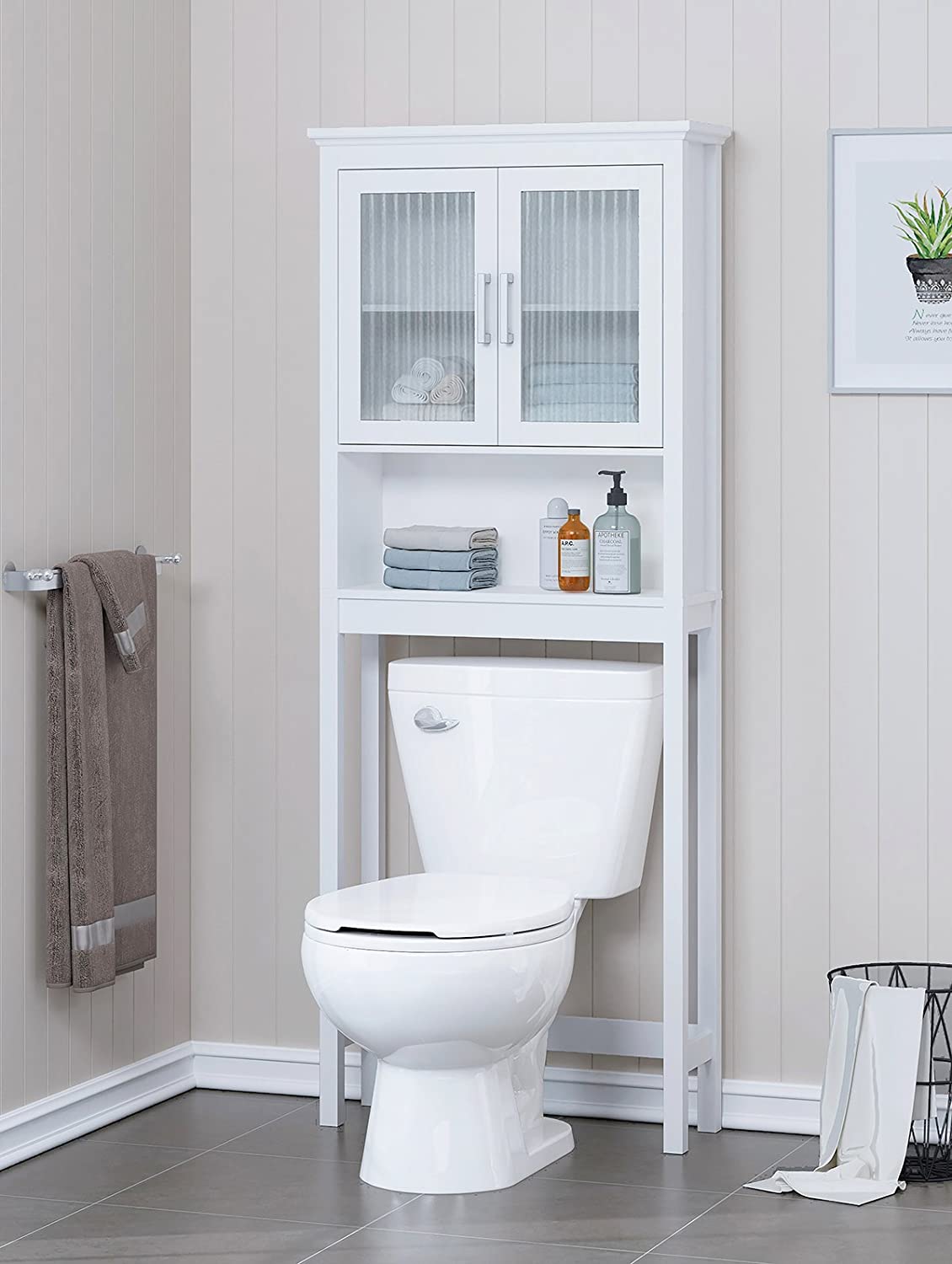 Spirich Home Bathroom Cabinet Over The Toilet, Bathroom Storage Cabinet with Windowpane Glass Doors and Adjustable Shelves