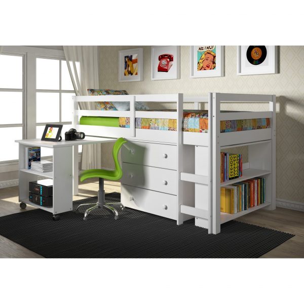 Donco Kids Low Study Loft Desk Twin Bed with Chest and Bookcase