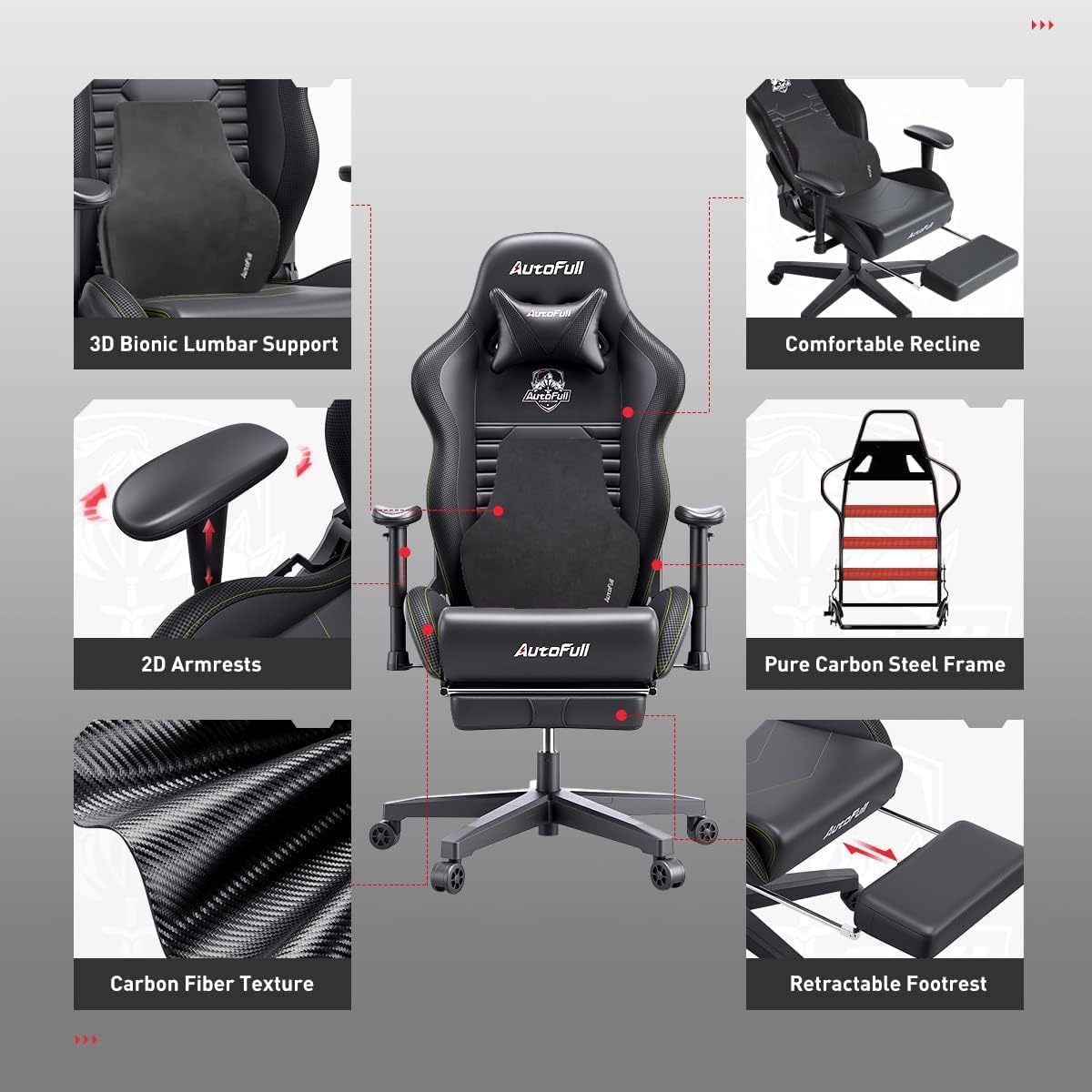AutoFull C3 Gaming Chair Ergonomic Office Chair with 3D Bionic Lumbar Support, Racing Style Premium PU Leather Computer Chair Gamer Chairs with Footrest and Headrest(3-Years Warranty)