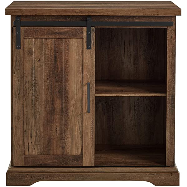 Walker Edison Beaumont Modern Farmhouse Sliding Slat Door Storage Cabinet, 32 Inch, White Oak White Oak Groove Door Cabinet