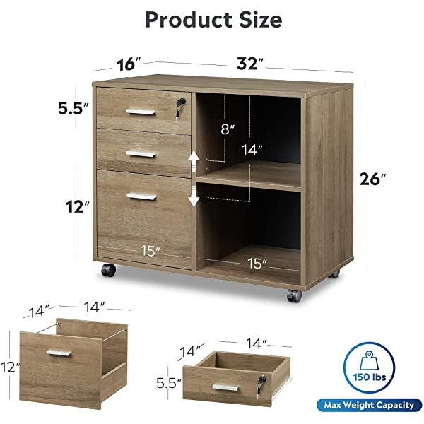 DEVAISE 3-Drawer Wood File Cabinet with Lock, Mobile Lateral Filing Cabinet, Printer Stand with Open Storage Shelves for Home Office, Black