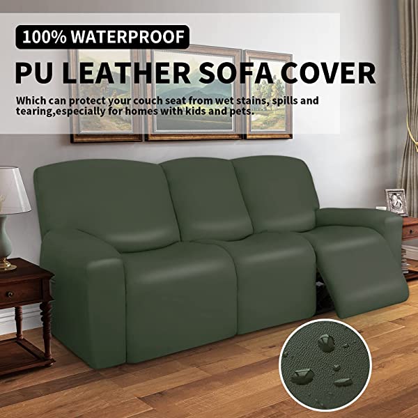Easy-Going PU Leather Recliner Sofa Slipcovers, Waterproof Stretch Sofa Covers, 8 Pieces Stretch Furniture Protector, Elastic Strap Shield Pets Kids Children Cats Dogs Beige