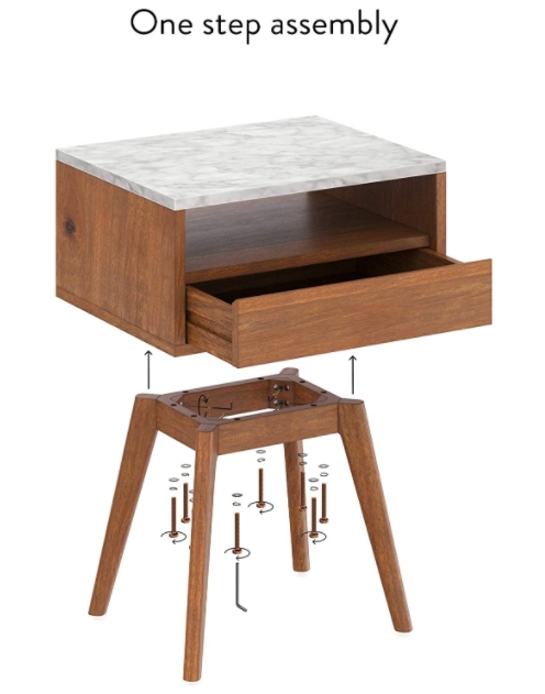 Nathan James James Mid-Century Rectangle Accent Side or End Table Walnut Finish Wood and Faux Marble Top with Storage Nightstand, Frame, White/Brown