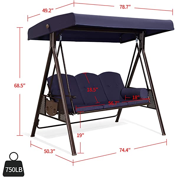 PURPLE LEAF 3-Seat Deluxe Outdoor Patio Porch Swing with Weather Resistant Steel Frame, Adjustable Tilt Canopy, Cushions and Pillow Included, Beige 74.4