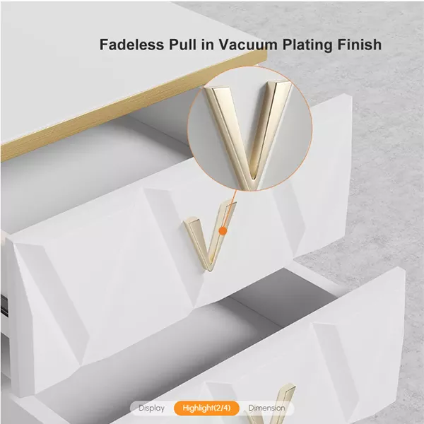 NORDIC WHITE NIGHTSTAND 3-DRAWER BEDSIDE TABLE V-SHAPED FACET & GOLD PULLS IN LARGE