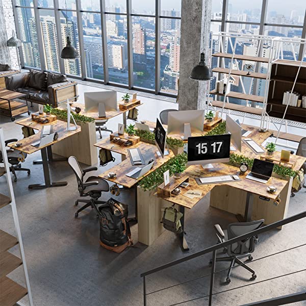 FEZIBO Dual Motor L-Shaped Electric Standing Desk, 48 Inches Height Adjustable Corner Desk, Full Sit Stand Home Office Table with Splice Board, Black Frame/Rustic Brown Top