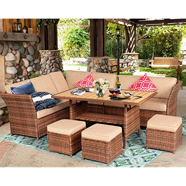 Aoxun 7 Pieces Outdoor Furniture Set, Sectional Sofa Conversation Set with Cushions and Pillows, All Weather Wicker Rattan Suitable for Deck or Yard(Brown) 7 Pieces - Brown