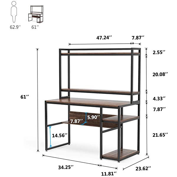 Tribesigns Computer Desk with Hutch and Shelves, 47 Inches Home Office Desk with Bookshelves and CPU Stand, Writing Desk PC Study Table Workstation for Small Spaces (Rustic Brown)