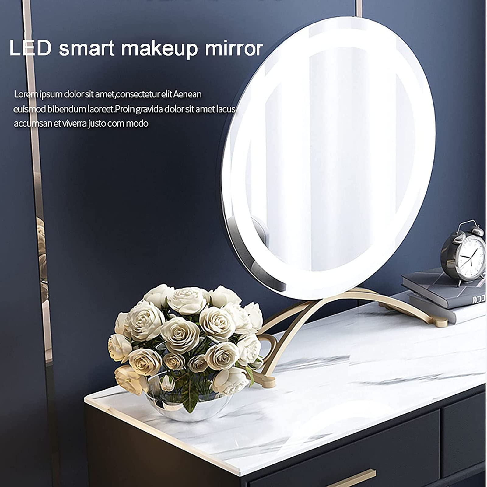 【Furniture】Italian Dressing Table with LED Mirror, Makeup Table with Marble Textured, Lockers & Makeup Chairs