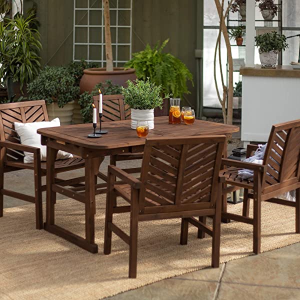 Walker Edison 5 Person Outdoor Wood Chevron Patio Furniture Dining Set Table Chairs Bench All Weather Backyard Conversation Garden Poolside Balcony, 4 Piece, Brown Brown 4 Piece Dining Set