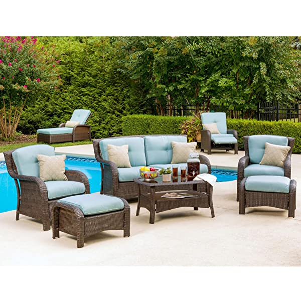 Hanover Strathmere 6-Piece Outdoor Patio Conversation Set, 2 Side Chairs with Ottomans, Loveseat and Tempered Glass Coffee Table, with Hand-Woven Wicker and Thick Cilantro Green Cushions, STRATHMERE6PC
