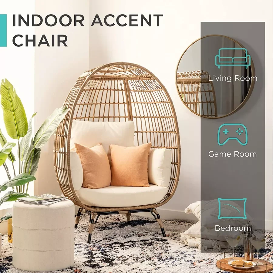 BEST CHOICE PRODUCTS WICKER EGG CHAIR, OVERSIZED INDOOR OUTDOOR LOUNGER FOR PATIO, BACKYARD, LIVING ROOM W/ 4 CUSHIONS, STEEL FRAME, 440LB