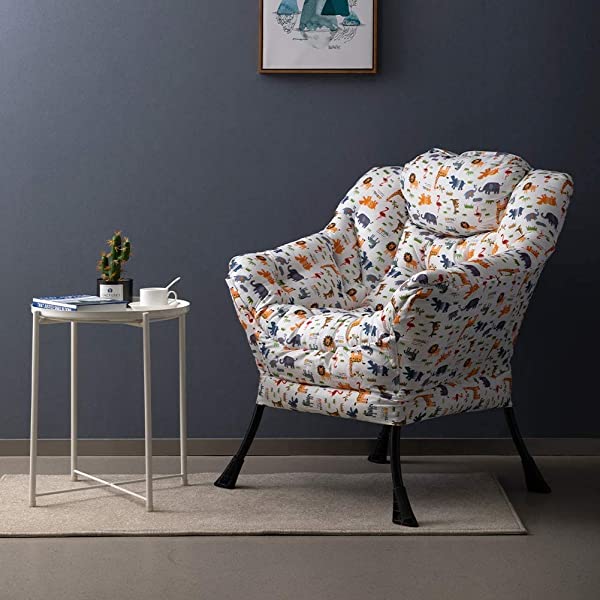 AbocoFur Modern Large Cotton Fabric Lazy Chair，Accent Contemporary Lounge Chair, Single Steel Frame Leisure Sofa Chair with Armrests and A Side Pocket, Beige