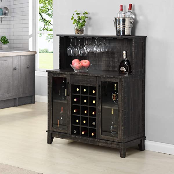 Bar Cabinet with Wine Rack and Glass Doors (Grey wash- Solid)