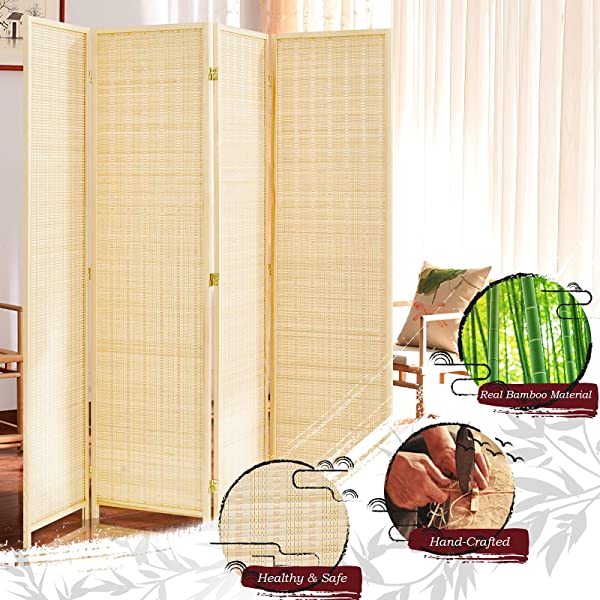 oneinmil Bamboo Room Divider, Semi-Private Folding Portable Partition Screen with Two-Way Hinge, Handmade Bamboo and Wood, 6 Panel