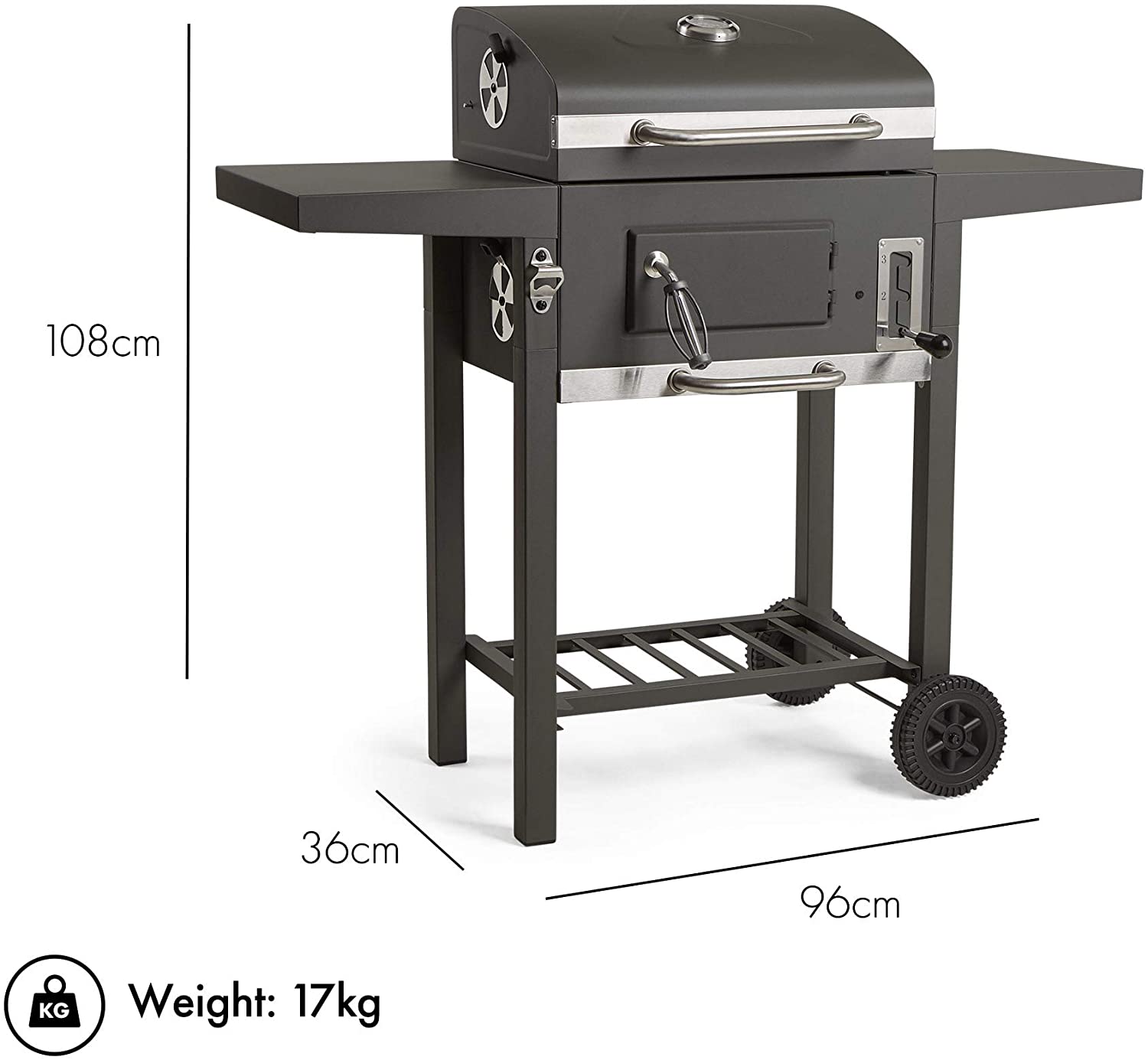 VonHaus Compact Charcoal BBQ – Barbecue with Warming Rack, Adjustable Height & Temperature Gauge – Portable, Bottle Opener Feature, Ash Catcher & Additional Storage Shelf
