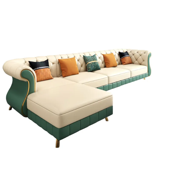 126″ Beige & Green Faux Leather Sectional Sofa with Left Chaise