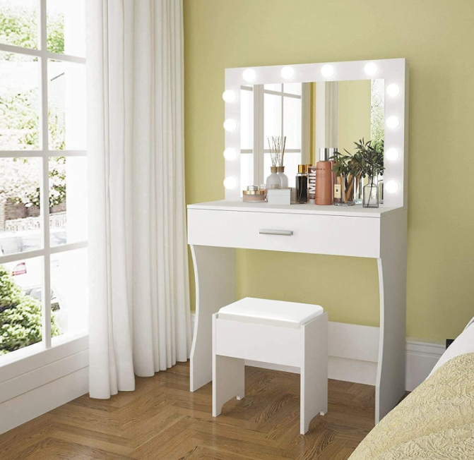 Vanity Table Set with Lighted Mirror - Makeup Vanity with Lights, Adjustable Brightness, Large Drawer Sturdy Wood Vanity, White