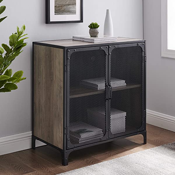 Walker Edison Malcomb Urban Industrial Metal Mesh Double Door Rolling Bar Cabinet, 33 Inch, Rustic Oak Rustic Oak 33 Inch