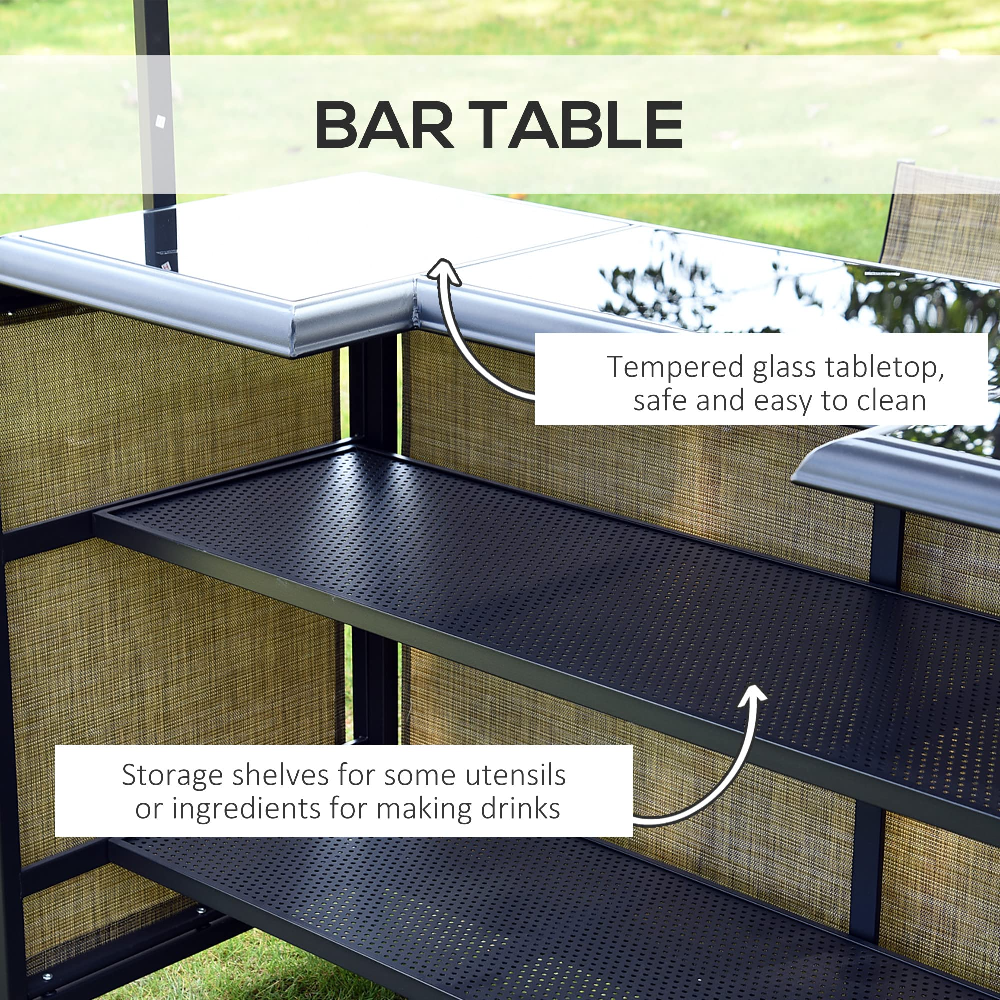 【Home&Garden】3 Pcs Outdoor Bar Set for 2 with Canopy, Rectangular Table with Storage Shelves & 2 Bar Chairs