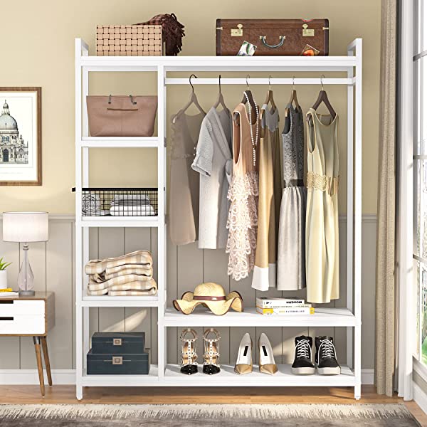 LITTLE TREE Free-Standing Closet Organizer, Heavy Duty Clothes Closet, Portable Garment Rack with 6 Shelves and Hanging Rod, Black Metal Frame&Rustic Board Finish Vingte &Black