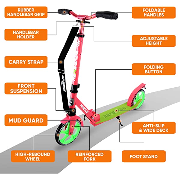 Hurtle Scooter – Scooter for Teenager – Kick Scooter – 2 Wheel Scooter with Adjustable T-Bar Handlebar – Folding Adult Kick Scooter with Alloy Anti-Slip Deck Pink
