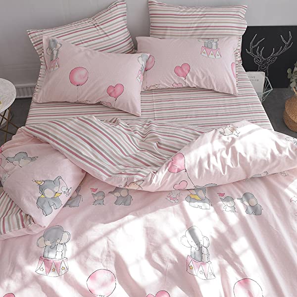New Cartoon Animals Elephant Print Duvet Cover Sets for Kids 100% Cotton Reversible Soft 3 Pieces Kids Bedding Duvet Cover Pillowcases Kawaii Cloud Bedding Sets, Queen/Full Full/Queen (1 Duvet Cover + 2 Pillowcases) Multi A00 Elephant Bunny Balloon