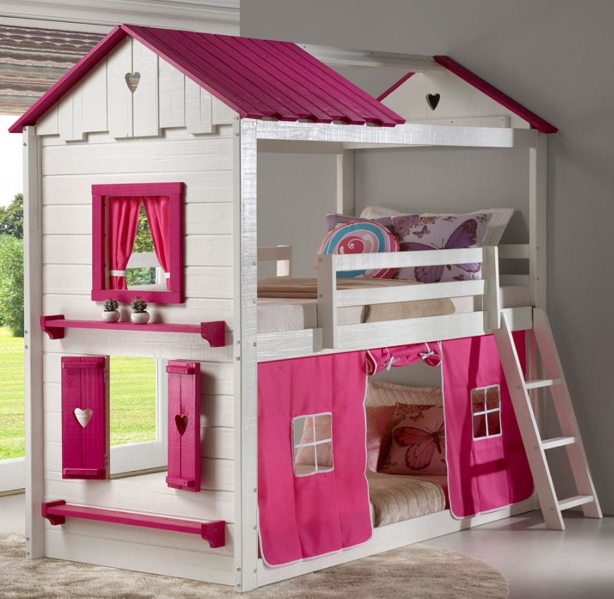 Sweetheart White and Pink Twin over Twin Bunk Bed with Tent