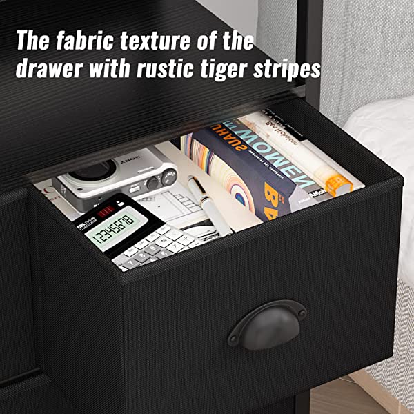 Furologee Nightstand with 3 Drawers, Dresser with Storage Shelf, Bedside Table/Closet Organizer, Rustic Fabric Linen Bins & Wooden Top for Bedroom, Hallway, Hotel (Rustic Brown)