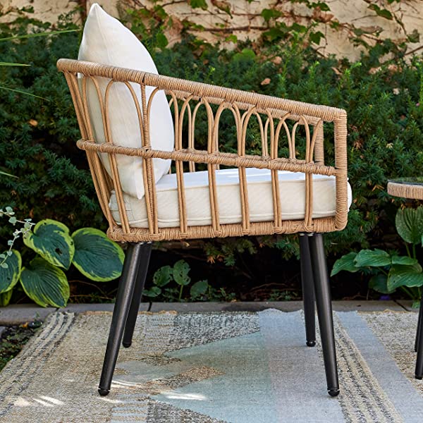 Quality Outdoor Living 65-YZ03HM Hermosa 3 Piece Chat Set, Tan Wicker + Linen Cushions 3-Piece Chat Set (Linen Cushions)