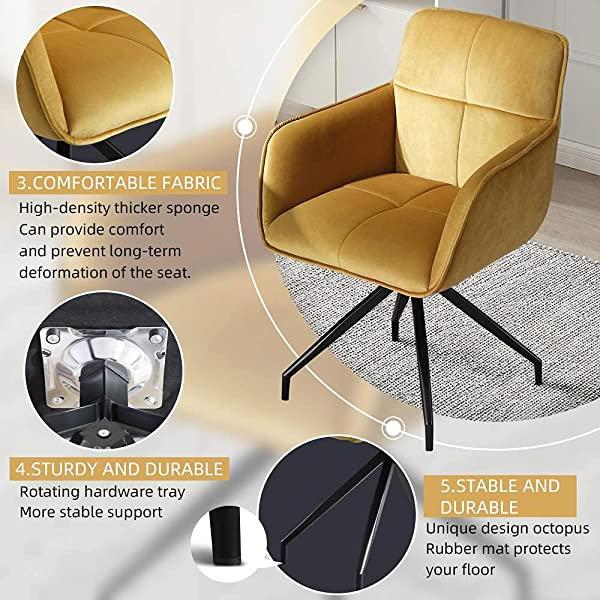 360°Swivel Home Study Velvet Chair Student Sedentary Comfortable Armchair Backrest Desk seat Anchor Rotating Living Chairs (Yellow/Gold)