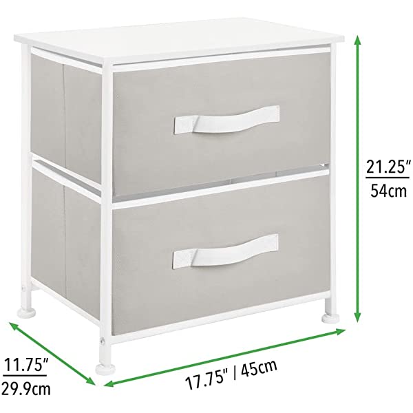 mDesign Storage Dresser End/Side Table Night Stand Furniture Unit - Small Standing Organizer for Bedroom, Office, Living Room, and Closet - 2 Drawer Removable Fabric Bins - Gray/White Grey