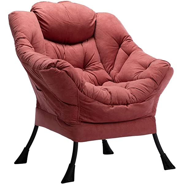 AbocoFur Modern Large Cotton Fabric Lazy Chair，Accent Contemporary Lounge Chair, Single Steel Frame Leisure Sofa Chair with Armrests and A Side Pocket, Beige