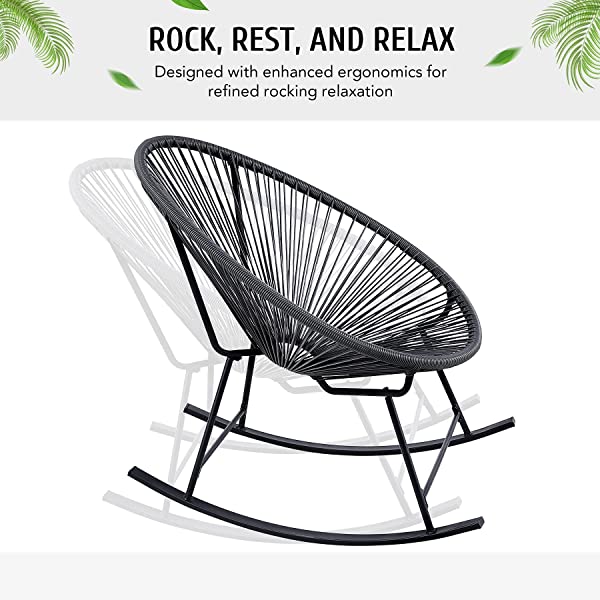 VONLUCE 3 Piece Outdoor Acapulco Bistro Set, Patio Furniture Set with Glass Top Table and 2 Rocking Chairs with Hand-Woven Rope, All Weather 3pc Conversation Set for Balcony and Patio Décor, Black