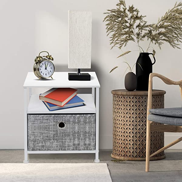 Sorbus Nightstand 1-Drawer Shelf Storage- Bedside Furniture & Accent End Table Chest for Home, Bedroom, Office, College Dorm, Steel Frame, Wood Top, Easy Pull Fabric Bins (Rustic Wood)