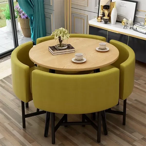 Small Round Wooden Dining Table Set with 4 Upholstered Chairs for Corner Balcony